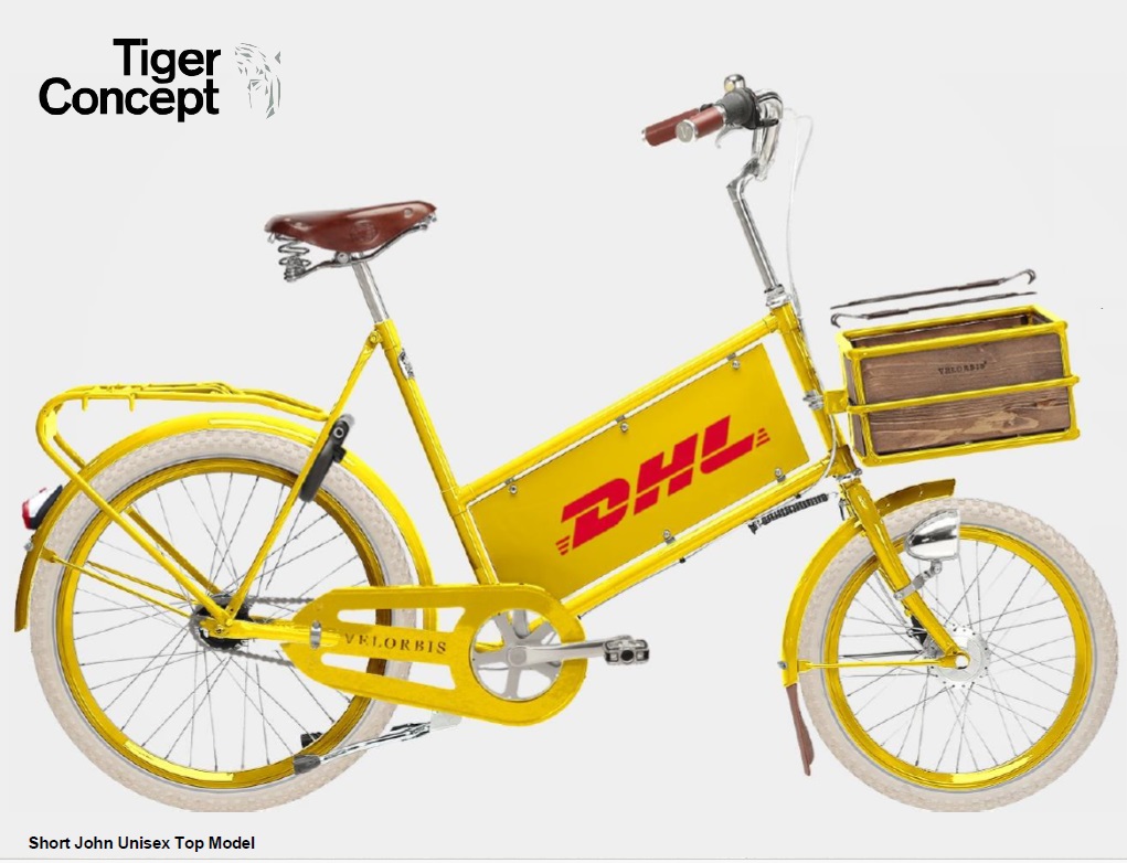 logo fiets cargo dhl in eigen bedrijfskleuren en met logo bedrukt