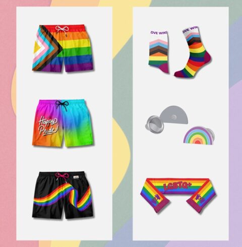 regenboog shorts, sokken, sjaals en caps Pride artiekelen bedrukt met logo