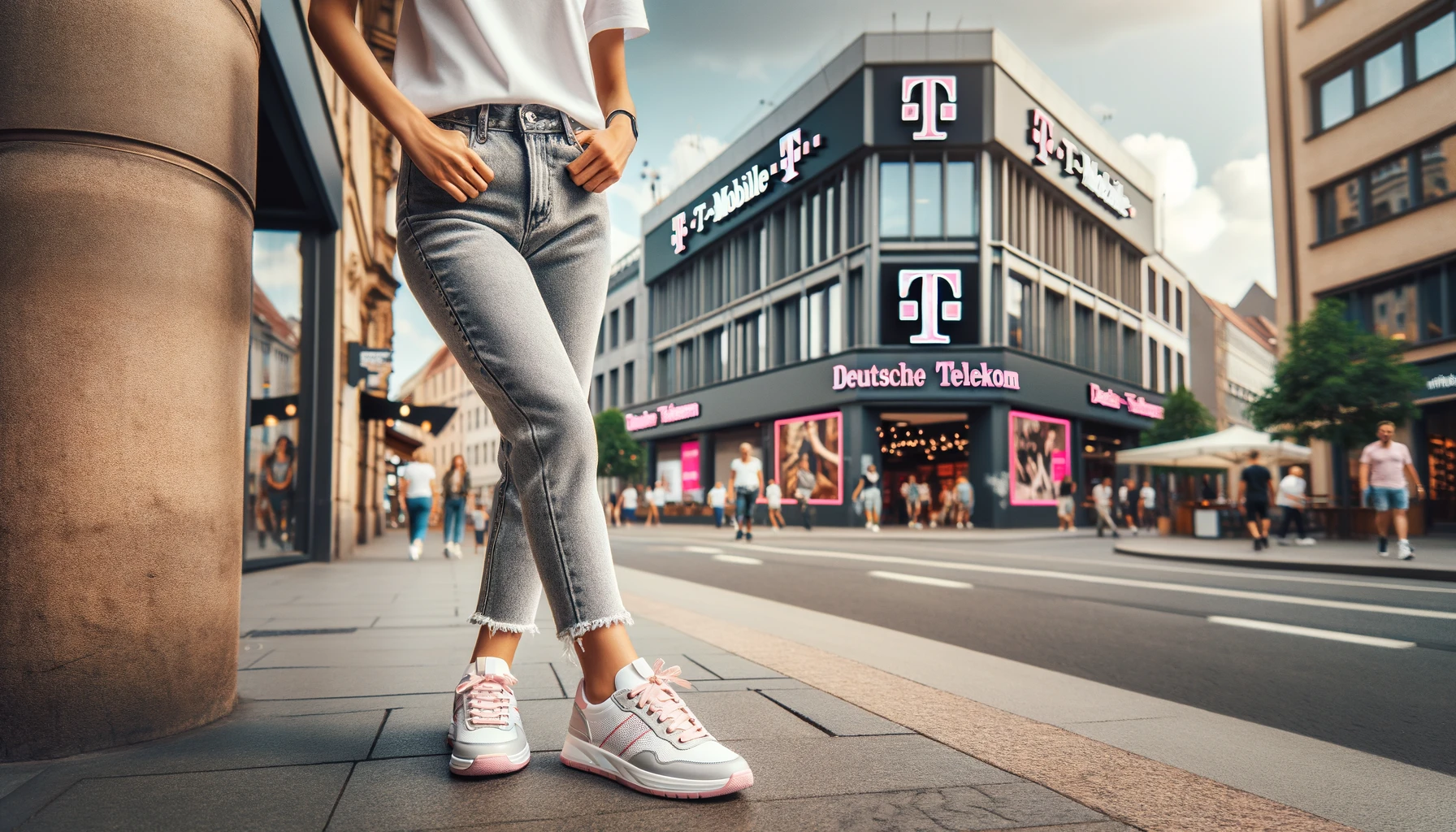 t mobile branded sneakers standing on a street with a deutsche telekom store in the background