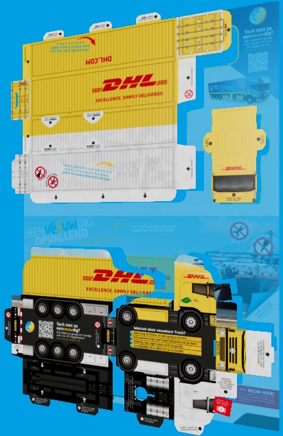 dhl vrachtwagen container karton zelf vouwen en bouwen in eigen uitvoering platen