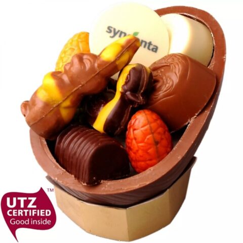 gevulde paaseischaal – belgische chocolade 250g met logo