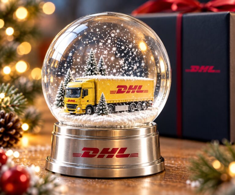 DHL-sneeuwbol vrachtwagen met logo bedrukken in winterse sfeer