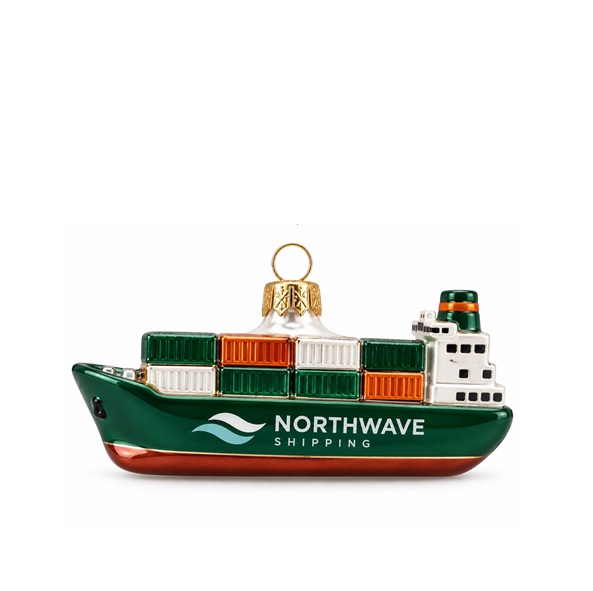 Kerstbal vrachtschip met logo &ndash; glazen kerstornament in eigen vorm k