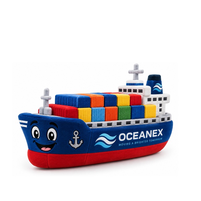 Knuffel containerschip met logo in eigen bedrijfskleuren &ndash; custom made maritiem relatiegeschenk
