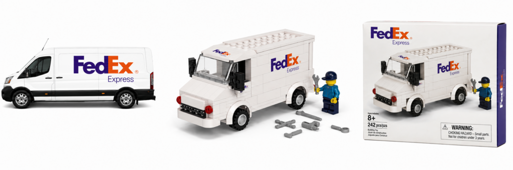 Bouwblokken bestelwagen met eigen logo – custom relatiegeschenk vanaf 100 stuks