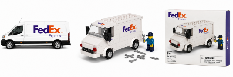 Custom bouwblokken bestelwagen met eigen logo en bedrukte verpakking