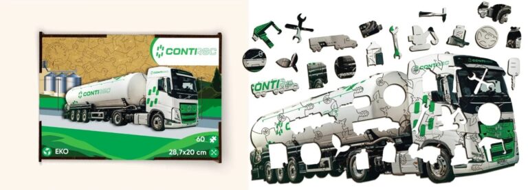 Vrachtwagen puzzel met eigen logo en speciaal gevormde puzzelstukjes