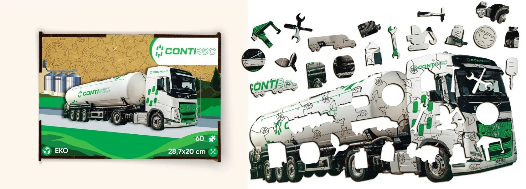 Vrachtwagen puzzel met eigen logo en speciaal gevormde puzzelstukjes