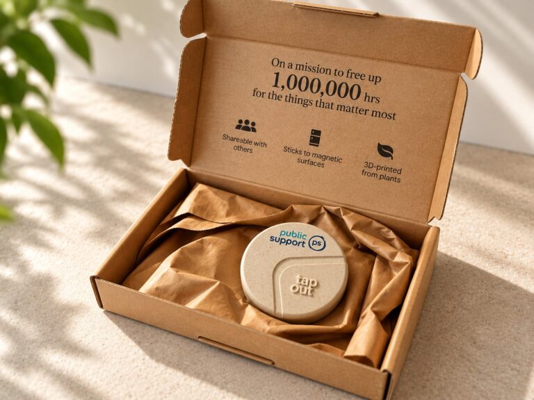 ap Out Point met Public Support logo – gepersonaliseerd relatiegeschenk voor minder schermtijd en meer focus
