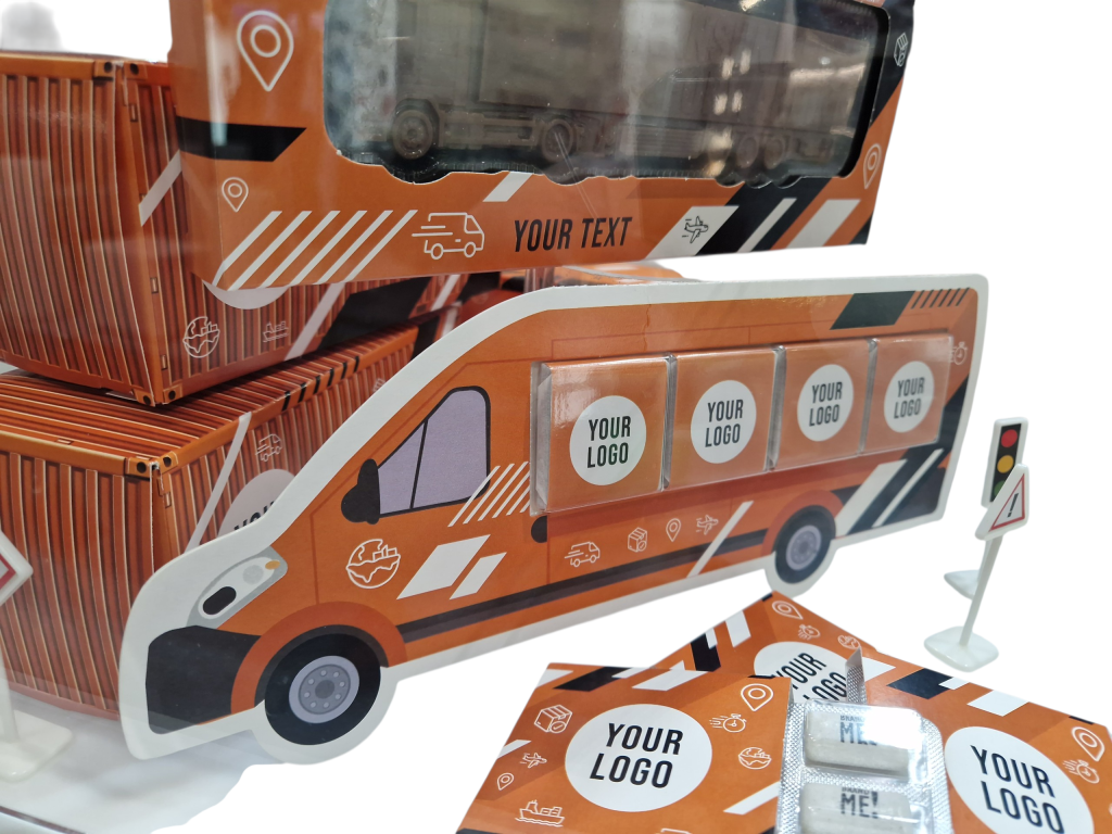 Chocolade in bestelwagen vorm – in full color cadeau doos met logo