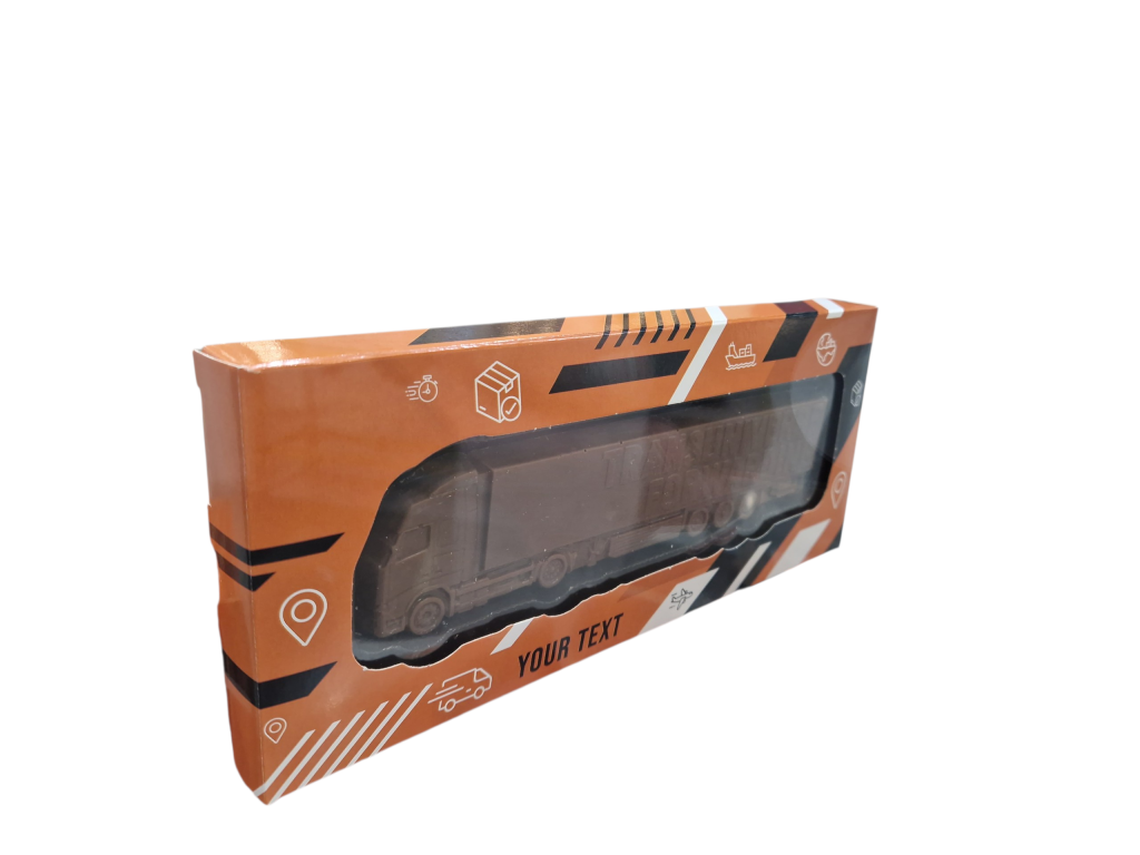 Chocolade in vrachtwagen vorm – in full color cadeau doos met logo