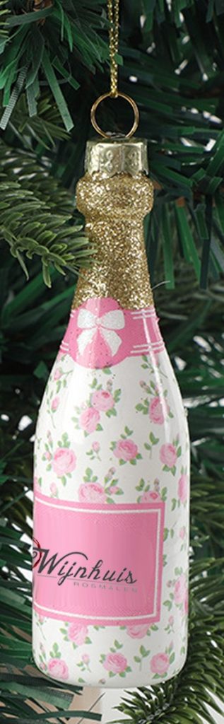 Kerstbal in vorm design champagnefles – all-over bedrukking met logo