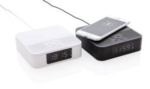 Draadloos 5W oplader speaker met digitale klok bedrukt met logo