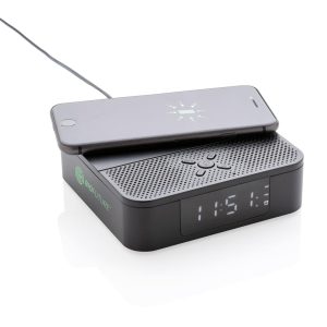 Draadloos 5W oplader speaker met digitale klok bedrukt met logo