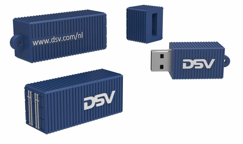 USB-stick in container vorm met eigen logo bedrukt