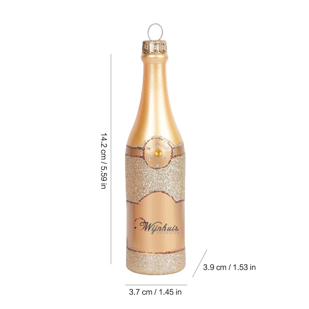Kerstbal in vorm gouden wijnfles met glitters – kerst ornament met logo