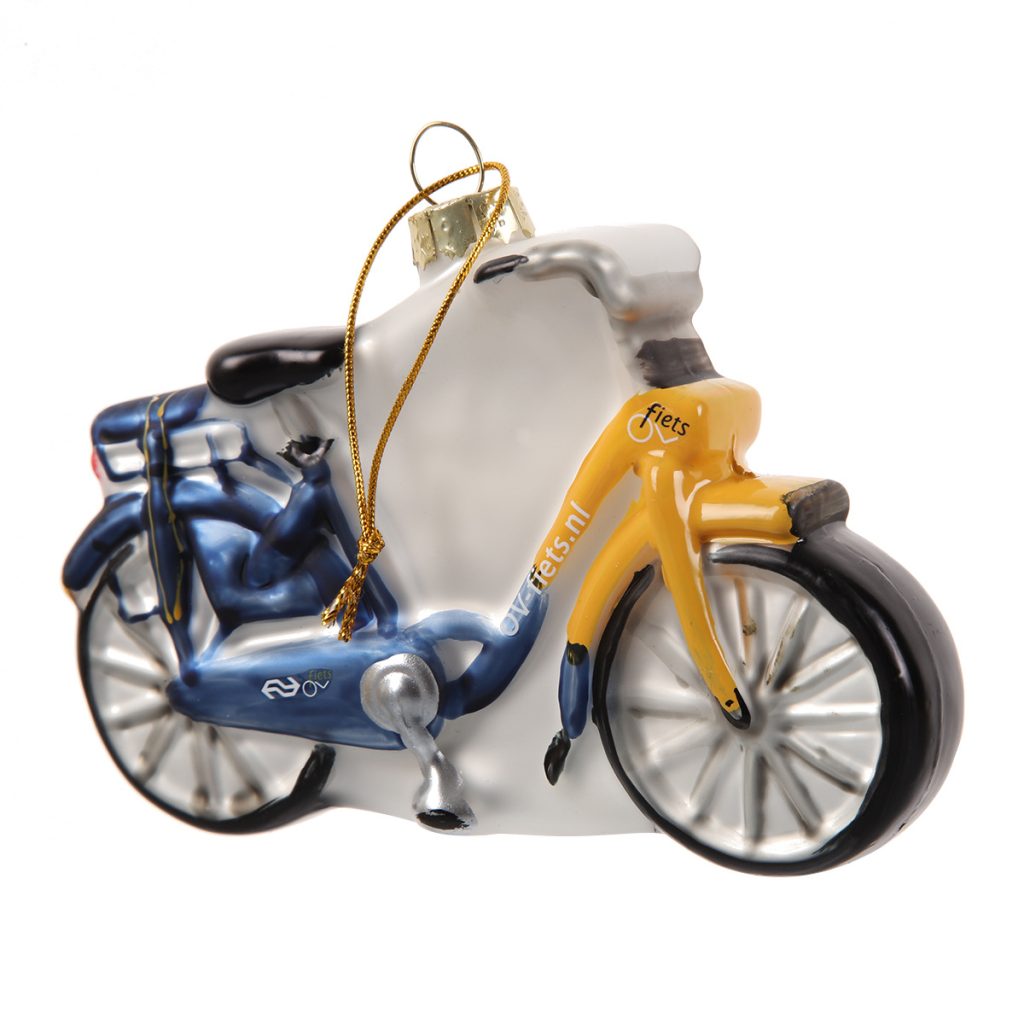 kerstbal in vorm fiets met logo bedrukt